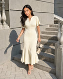 Robe fourreau pour femme – Élégante et sexy, col en V ou rond, manches longues plissées, rayée ou unie, longueur midi – Style décontracté